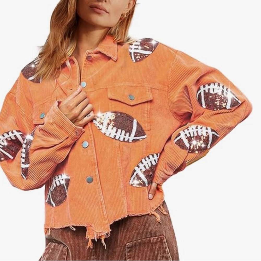 Medium orange corduroy sequin football jacket for college game days tailgates